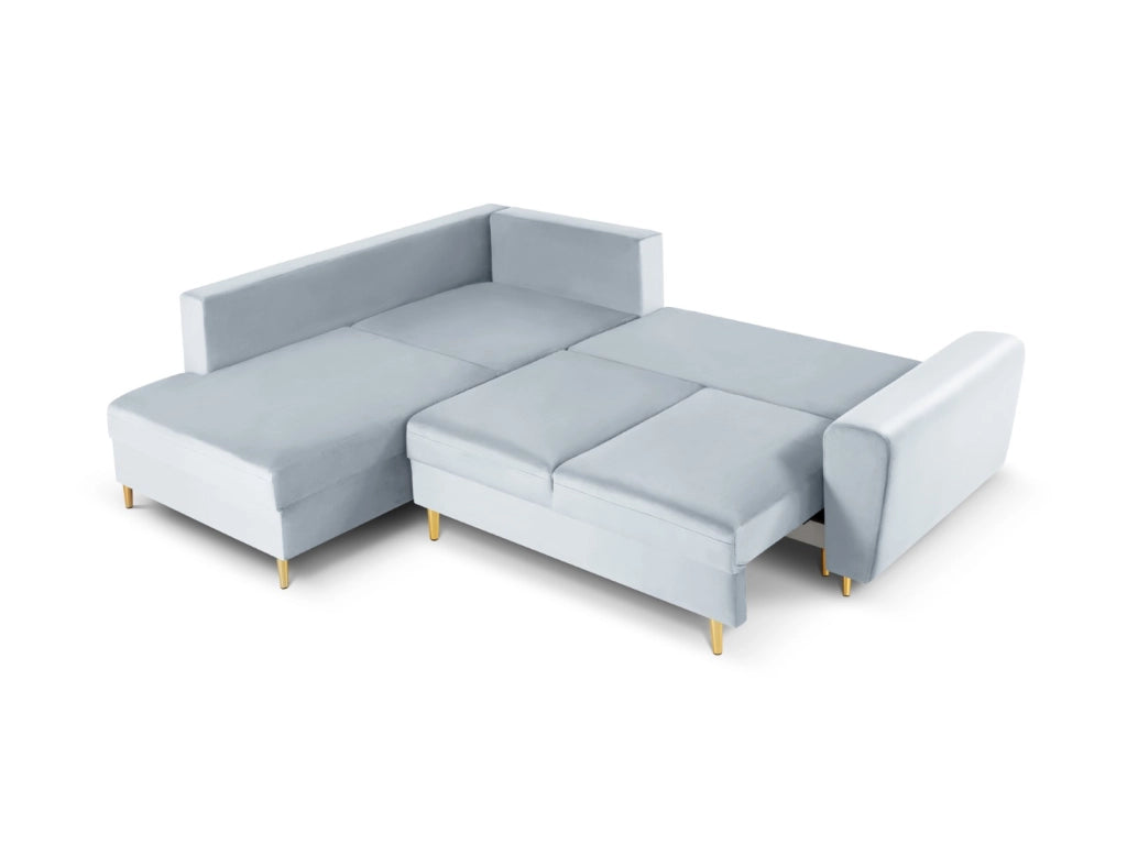 Cosmopolitan Design - Divano convertibile angolare sinistro con contenitore "Kyoto" 5 posti in velluto azzurro 