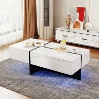 Tavolino Salotto Moderno con Sistema di Illuminazione a LED, Design in Marmo Sintetico con 3 Cassetti, 100x50x34.5 cm, Bianco