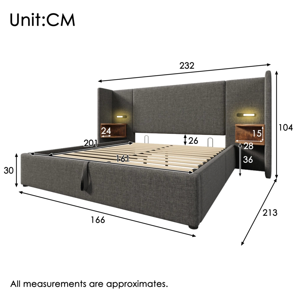 Letto matrimoniale 160x200 cm in lino grigio con contenitore; lampada lettura e USB/Type-C