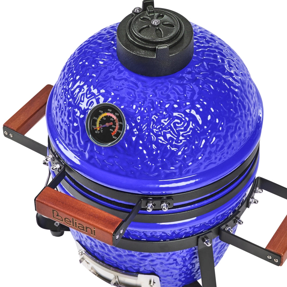 Mini barbecue da esterno in ceramica a carbone con coperchio termometro e griglia di cottura colore blu