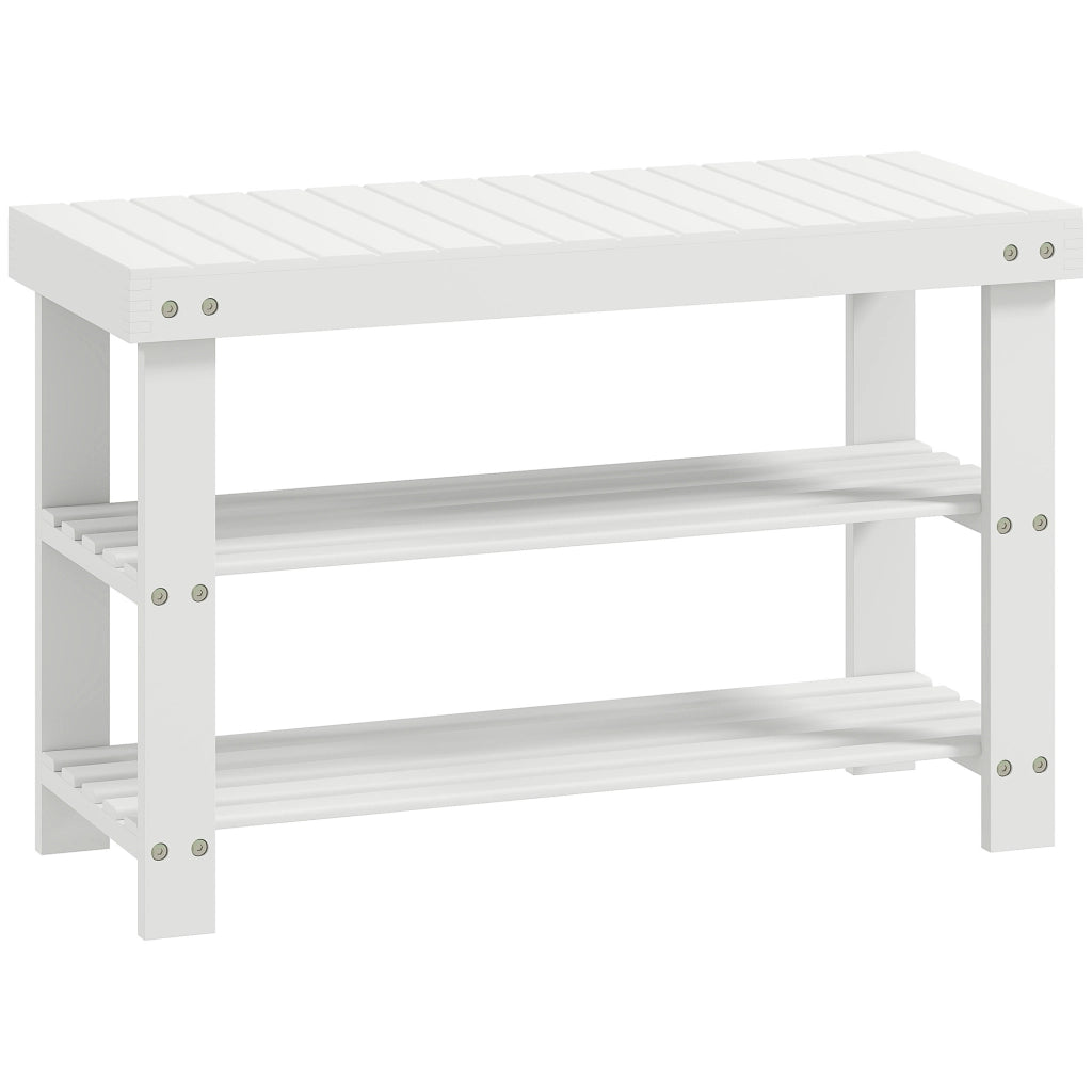 Panca Scarpiera Bassa 70x28x45 cm con 2 Ripiani a Doghe e Seduta in Bambù Bianco