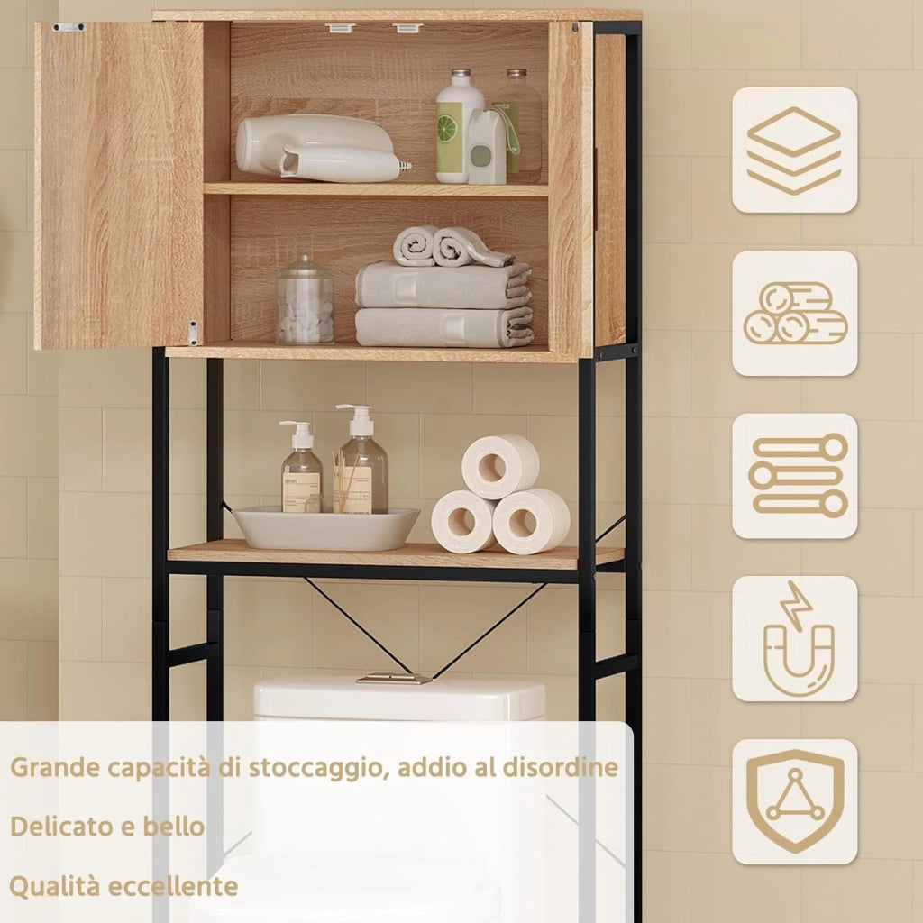 Scaffale Sopra Lavatrice, Mobile Sopra WC, Scaffale da Bagno, Armadietto con Ripiano Regolabile e Ante, per Lavanderia, in Legno e Metallo, Nero+Rovere Chiaro, 64,5x27x170cm