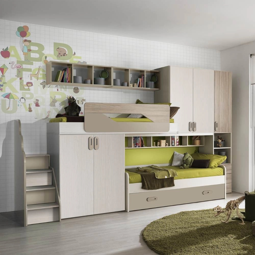 Cameretta soppalco con 3 letti Milly talco verde e brown