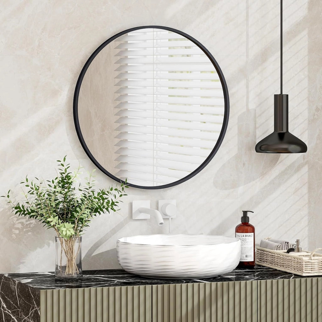Specchio Rotondo 61 cm da Parete Con Cornice in Metallo Spazzolato Opaco Antiruggine, Moderno per Bagno Soggiorno Ingresso, IP44