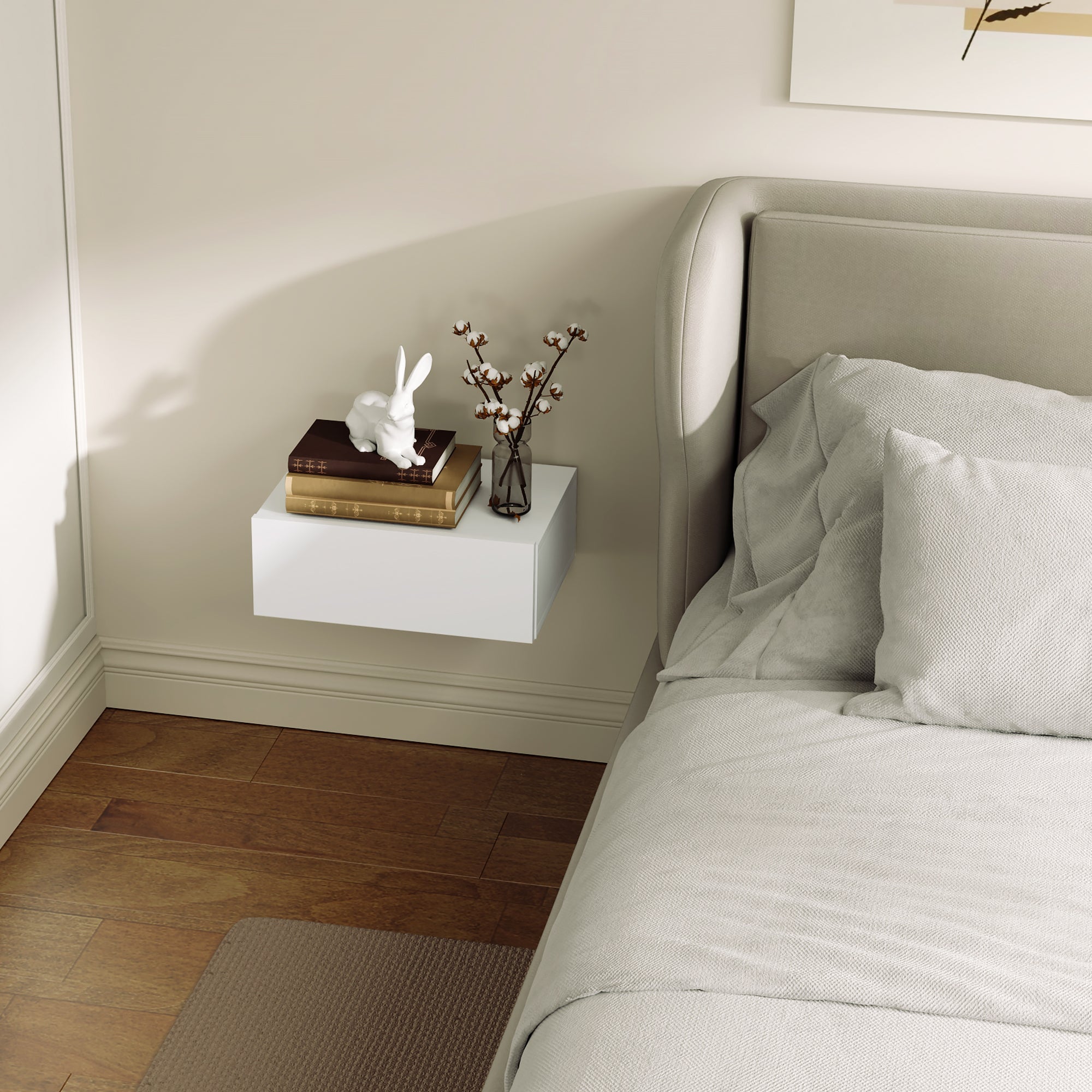 Comodino Sospeso Moderno 40x30x15 cm con Cassetto in Legno Bianco