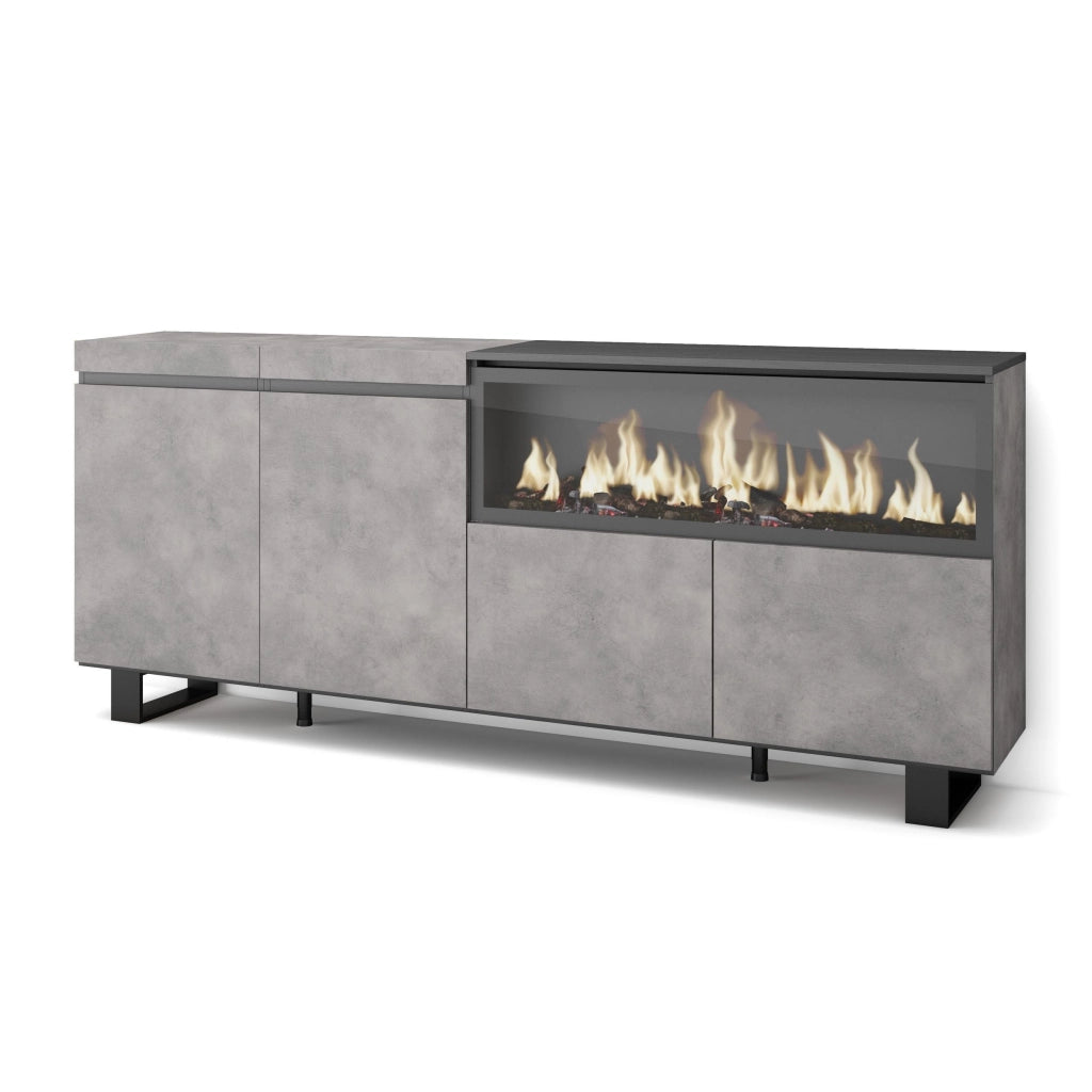 Credenza, Mobile, 208x35x87cm, 4 Porte, Camino elettrico XXL, Design industriale, grigio cemento RF3236