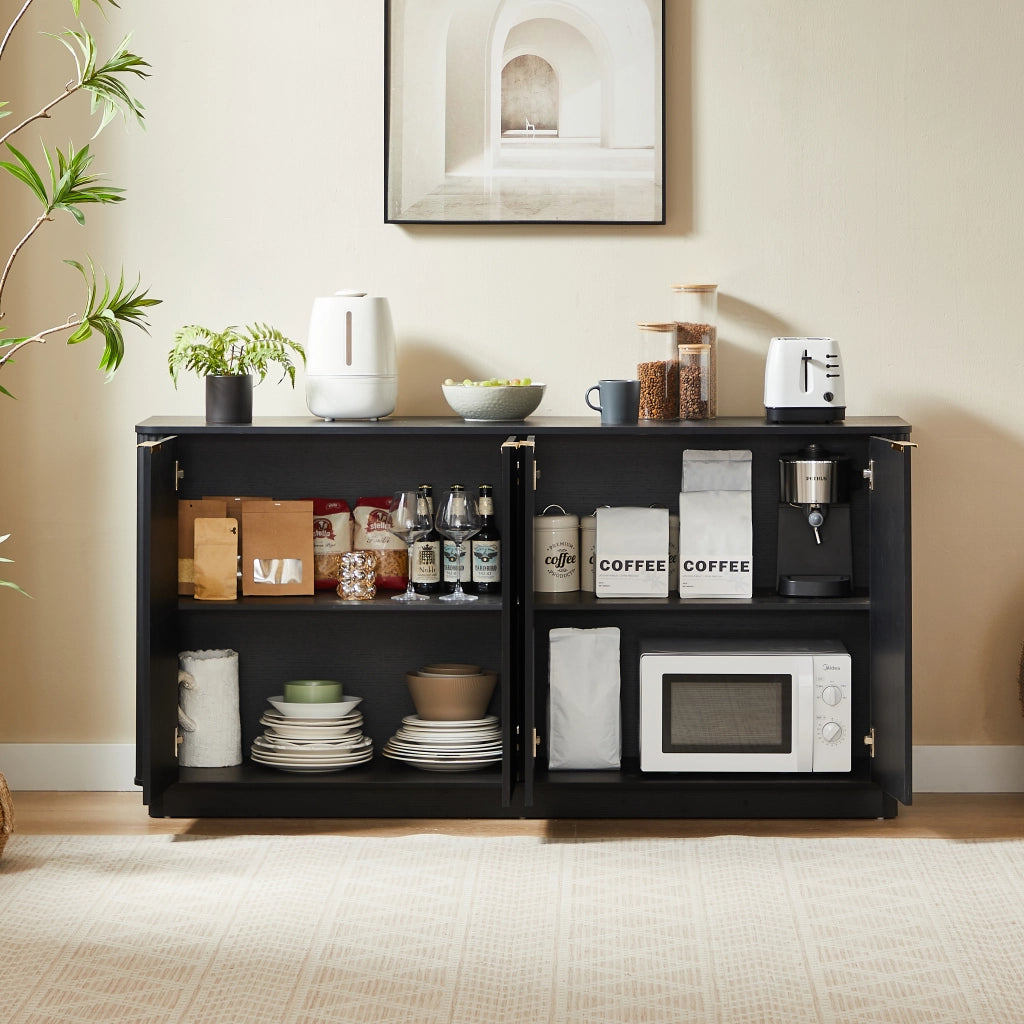 Credenza con 4 ante e 4 vani; ripiani; per soggiorno; in MDF; 160×40×80 cm; nero