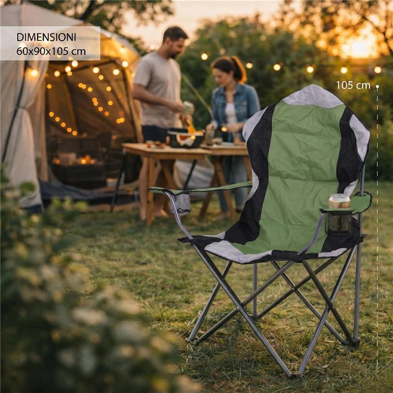 SEDIA DA CAMPING IN TESSUTO VERDE CON CHIUSURA A FISARMONICA POGGIOLI E PORTA BEVANDE 60X90X105 CM