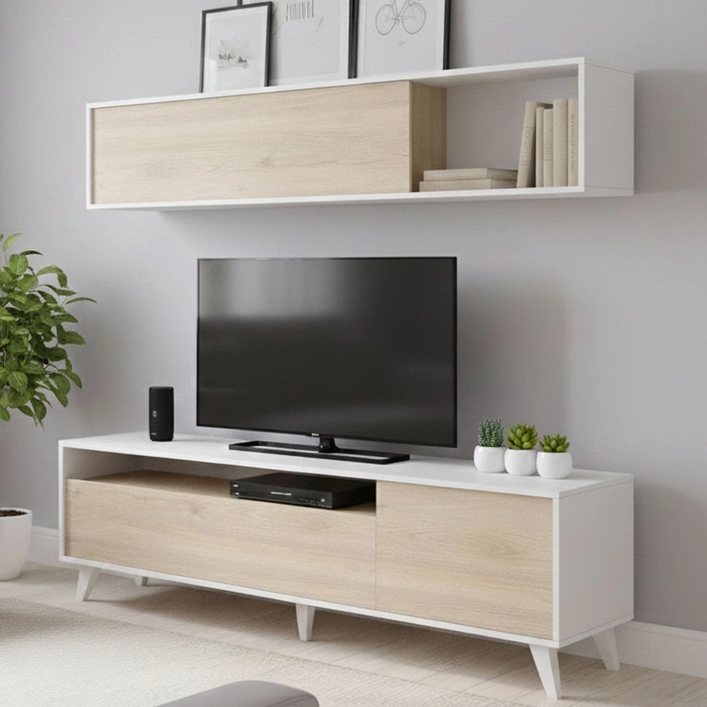 Parete attrezzata Arusha, Composizione soggiorno, Mobile salotto multiuso, Armadio porta TV, 180x41 h180 cm, Bianco e Rovere