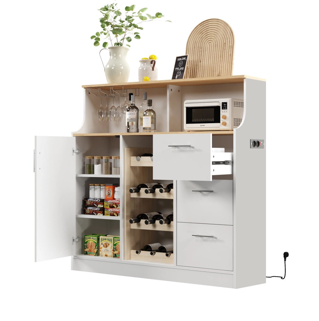 Credenza 120x40x121 cm con LED e presa integrata; MDF bianco e naturale