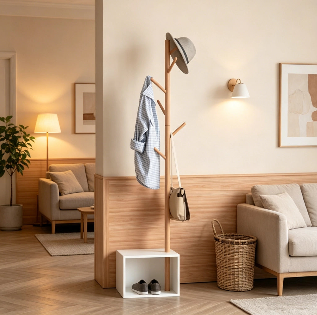 Porta abiti con panca rettangolare in MDF e bambù 40x30x180 cm bianco e bambù