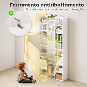 Libreria Moderna 89,5x23,5x181 cm con 21 Scomparti e 10 Ripiani Regolabili in Legno Bianco