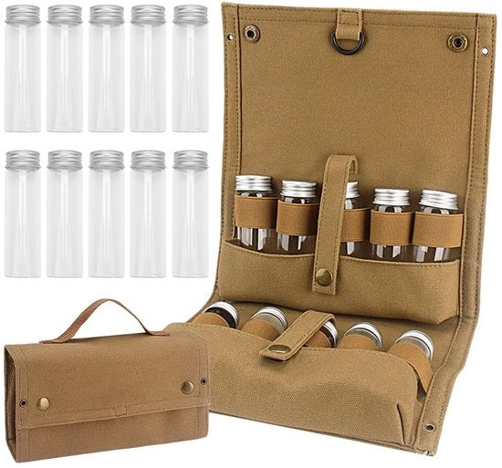 Set di erbe da viaggio 10 pezzi - Set di contenitori per erbe da viaggio - Borsa di stivaggio pieghevole - Set di contenitori per spezie - Per viaggi all'aperto - Materiale affidabile - Set di spezie da viaggio