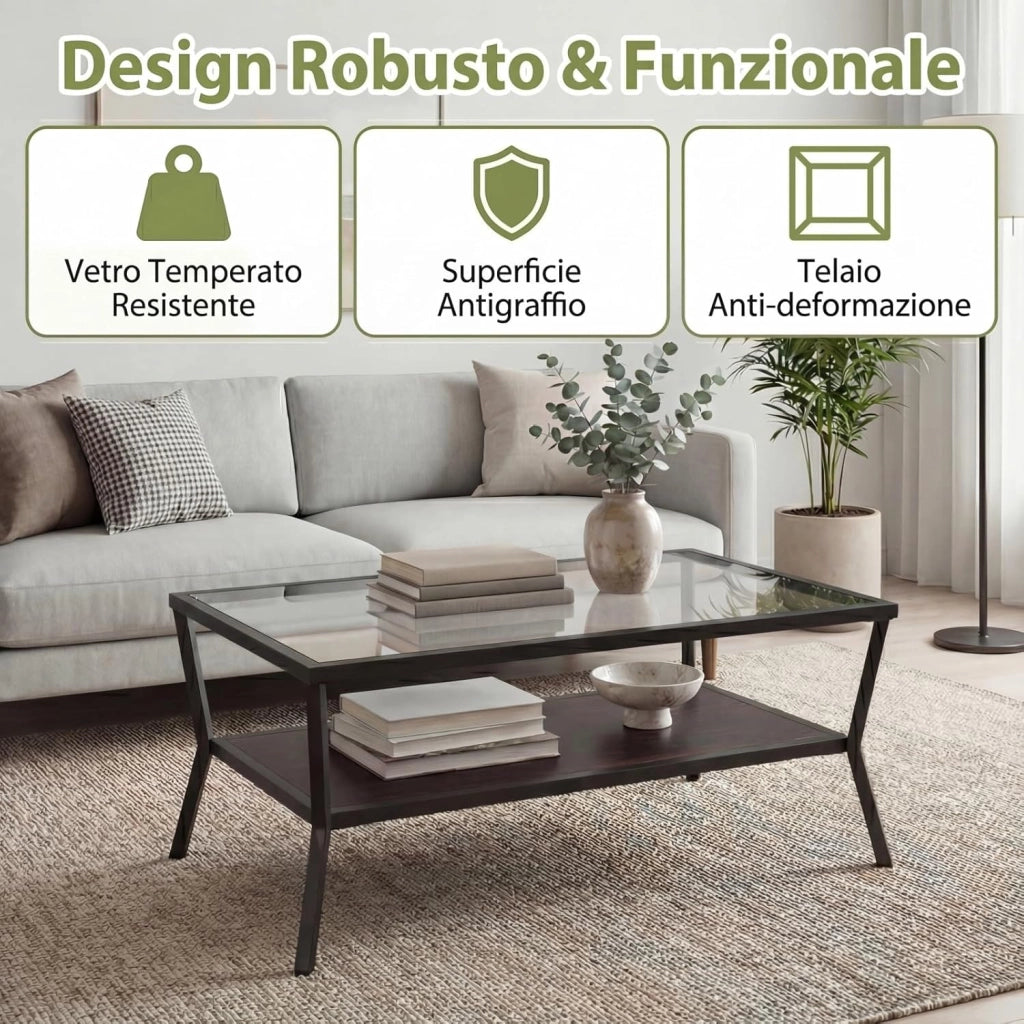 Tavolino da Caffè a 2 Livelli, Tavolino Rettangolare con Piano in Vetro Temperato e Struttura in Metallo, Tavolo Moderno con Ripiano per Soggiorno e Ufficio, 106,5 X 50,5X 46,5 CM