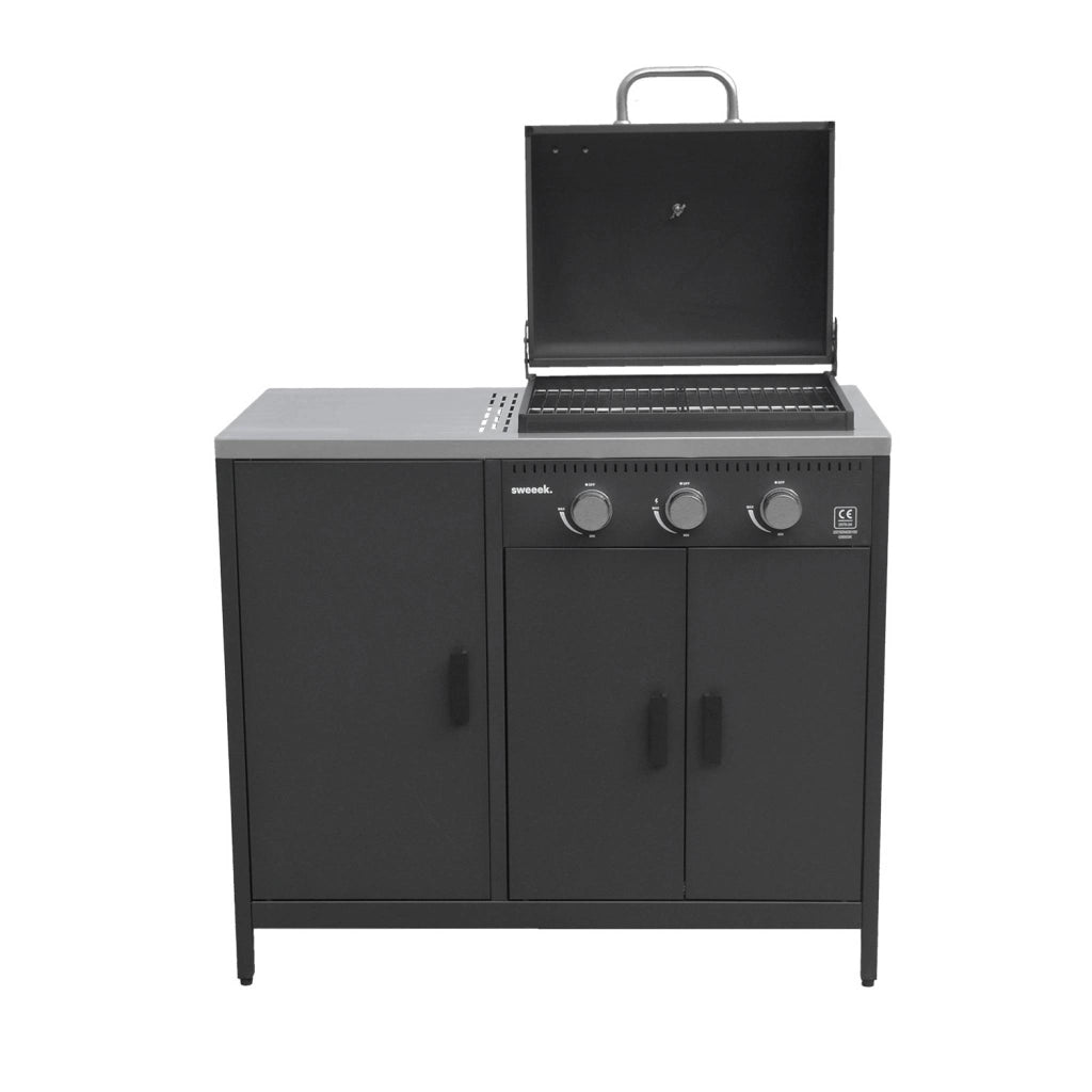 Barbecue a gas 3 bruciatori, 3 ante, 2 spazi di stoccaggio, nero