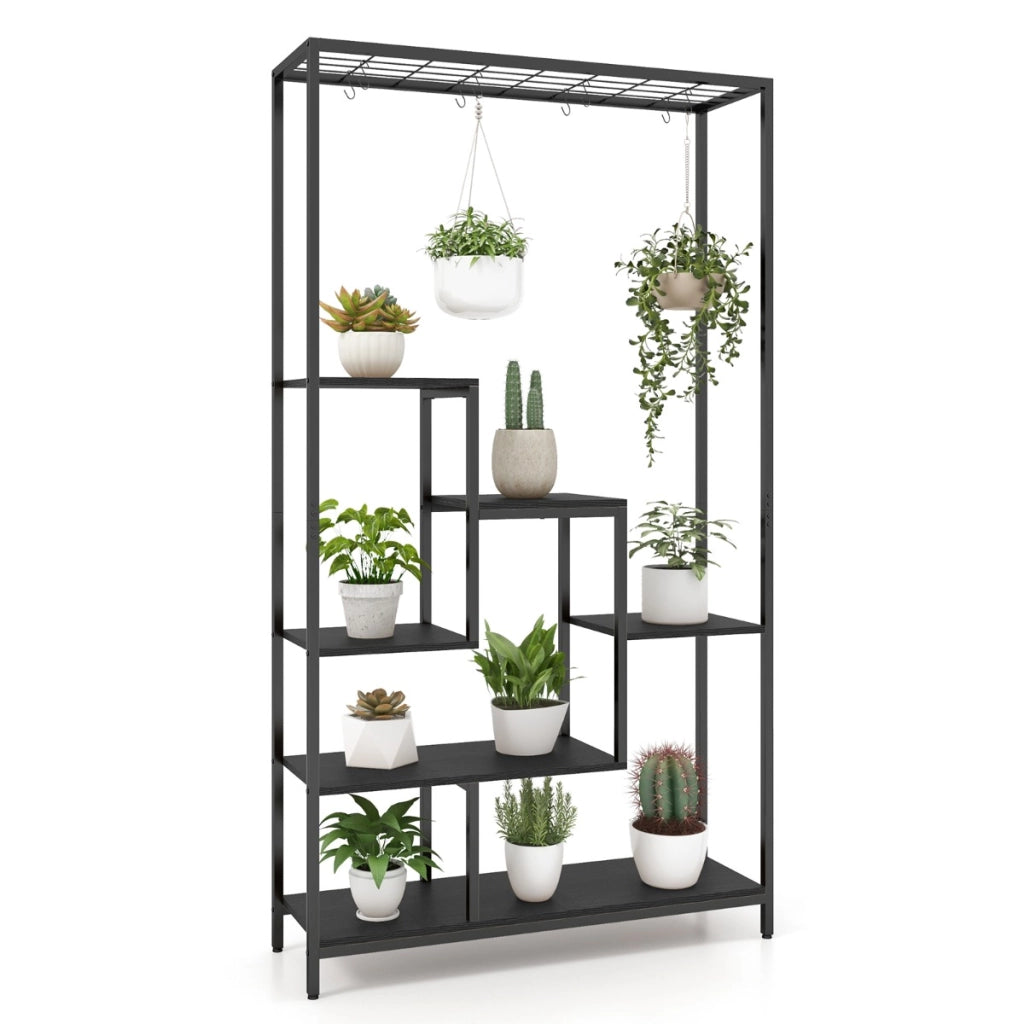 Scaffale per piante 180cm a 6 livelli con 10 ganci e ripiani per piante, Scaffale porta piante in metallo Nero