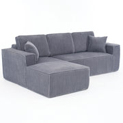 Divano angolare modulare 2 posti con chaise longue e 2 cuscini, in velluto a coste grigio, 235 × 128 × 60 cm