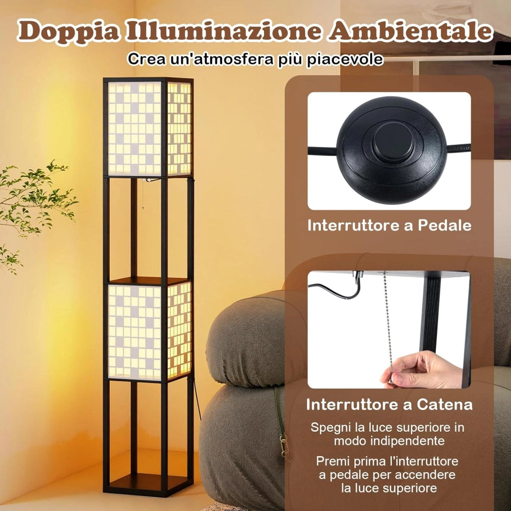 Lampada da Terra a 2 Luci con Mensole, Lampada a Stelo con 2 Paralumi Traforati, Catena a Strappo e Interruttore a Pedale, Richiede Lampadine E27, per Salotto e Camera da Letto (Quadrati)