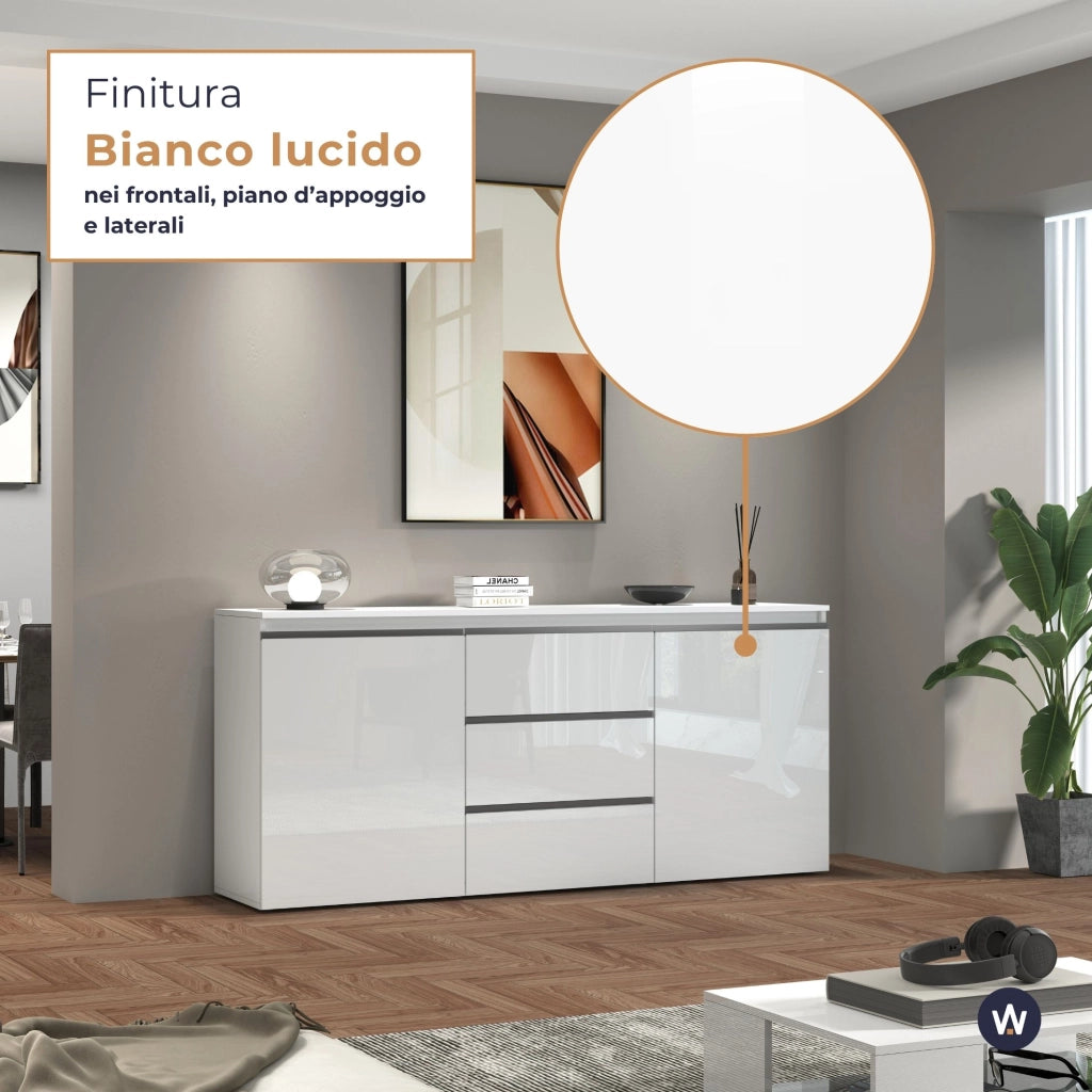 WHOUS Credenza a cassettiera Magic 2 ante e 3 cassetti bianco lucido 180x40x80 cm