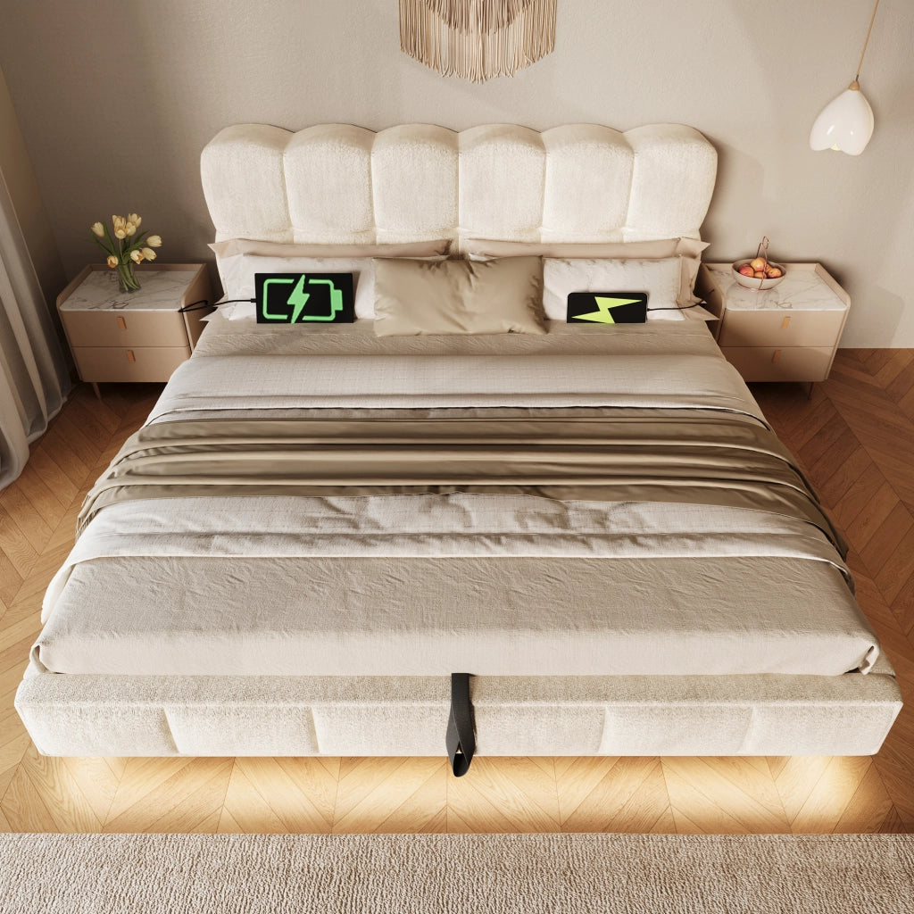 Letto matrimoniale imbottito beige 140x190 cm con sollevamento idraulico; LED e prese USB Type-C