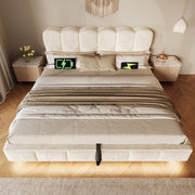 Letto matrimoniale imbottito beige 140x190 cm con sollevamento idraulico; LED e prese USB Type-C