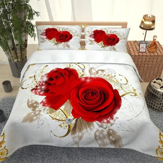 Set di coperte da letto 3D creative con disegno di rose rosse - per bambini - microfibra morbida - 155 x 220 cm - con chiusura a righello - inclusi 2 cuscini