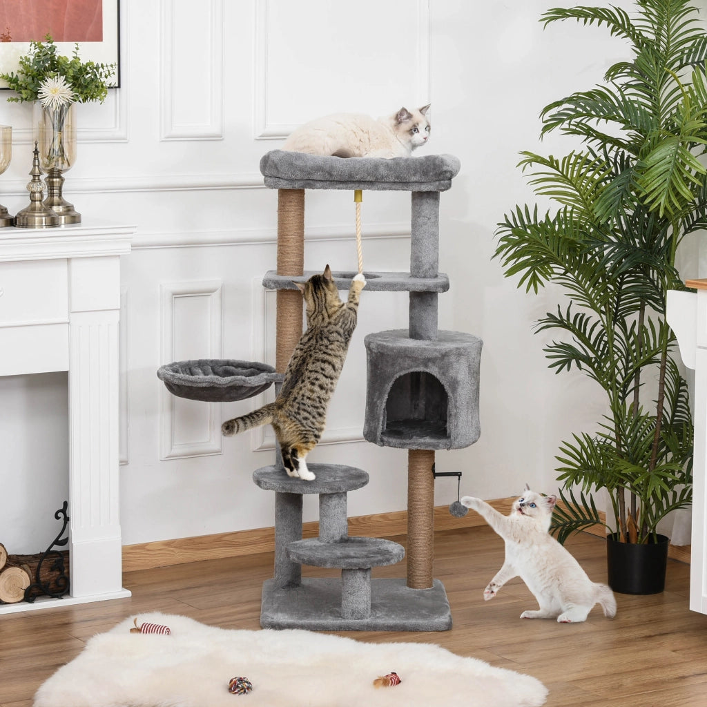 Albero tiragraffi per gatti con piattaforme, amaca e tana ¨C zephmum ¨C grigio 48x48x120 cm