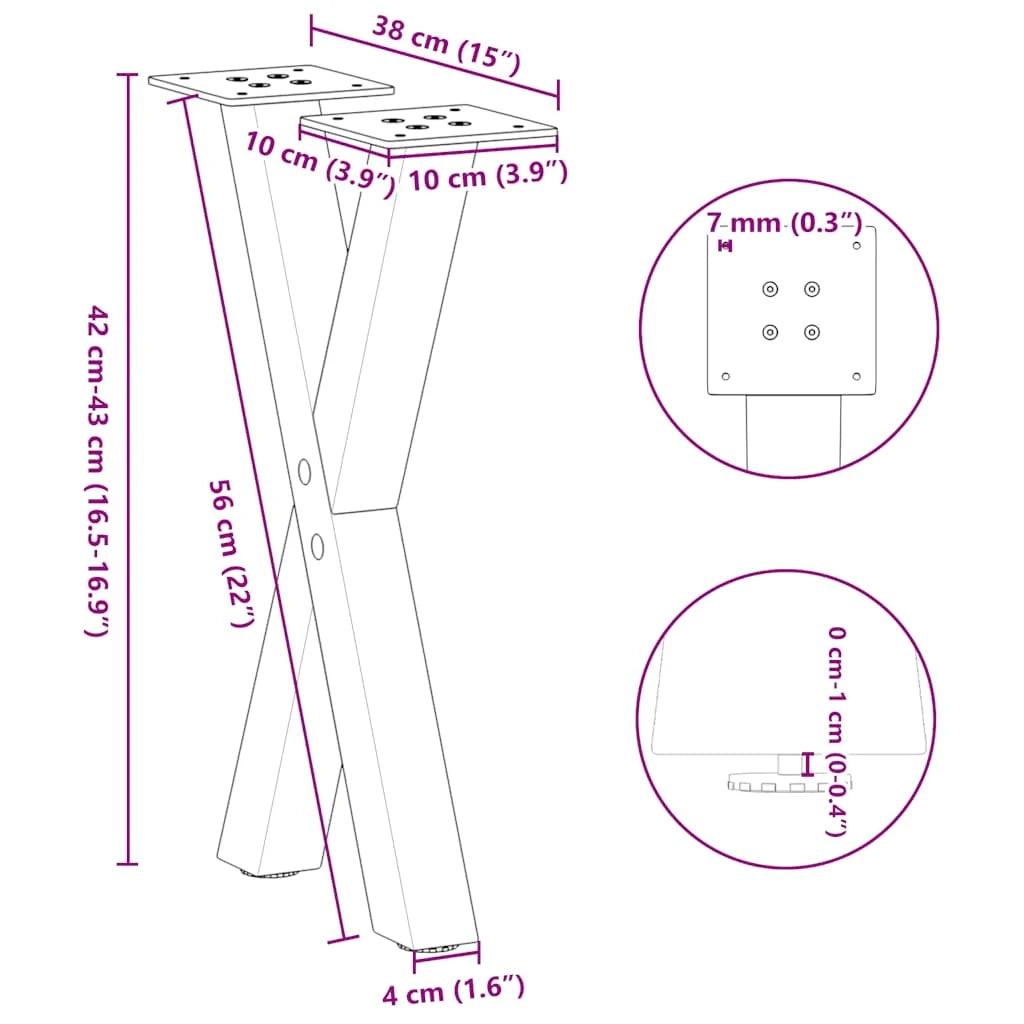 Set di 2 gambe per tavolino a forma di X 38 x 42-43 cm con piedini regolabili design moderno in acciaio antracite 02_0057168