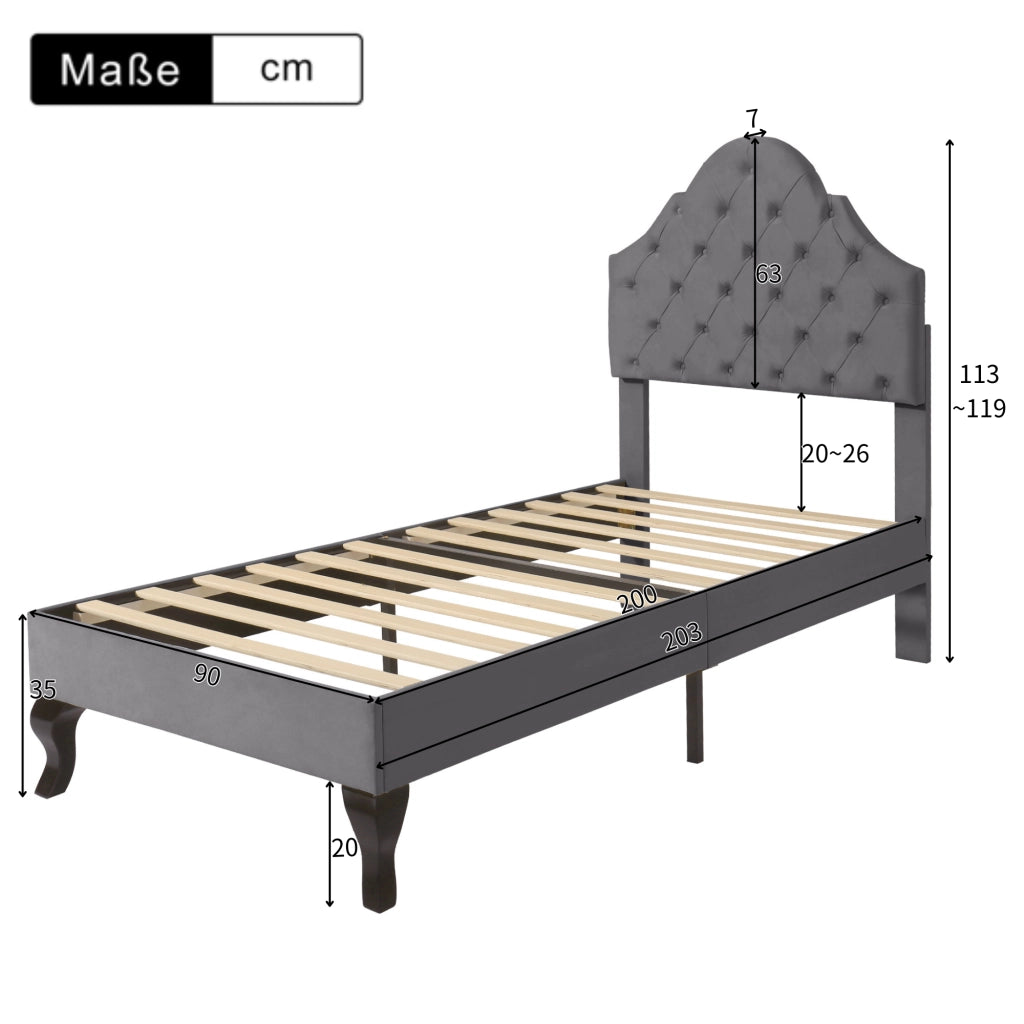 Letto imbottito 90x200 cm in velluto grigio con rete a doghe e testiera regolabile in altezza
