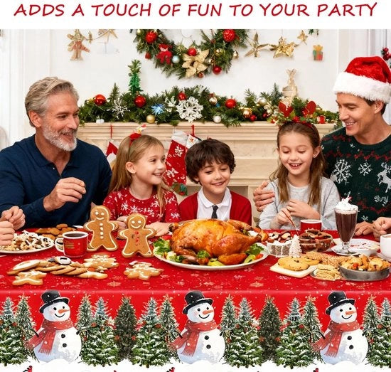 Tavolo da Natale - 137 x 274 cm - Rettilineo - Resistente alla Sporcizia - Impermeabile - Materiale PVC - Fiori di Neve/Neve/Alberi di Natale - Tavolo da Natale