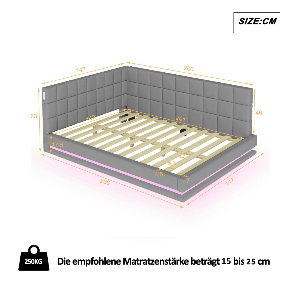 Divano letto imbottito 140 x 200 cm con LED, USB e rete a doghe