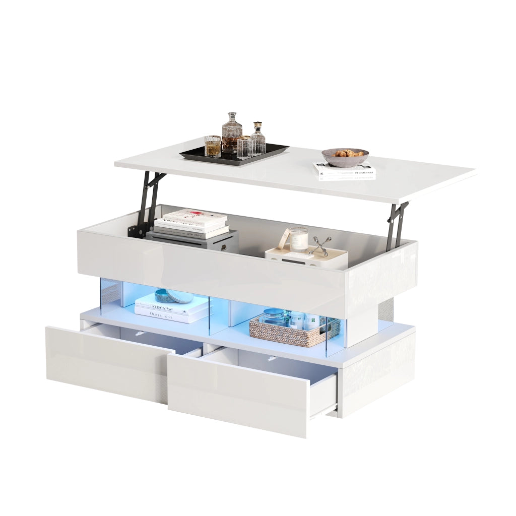 TAVOLINO 100 x 50 x 46 cm bianco in MDF con piano sollevabile, 2 cassetti e LED