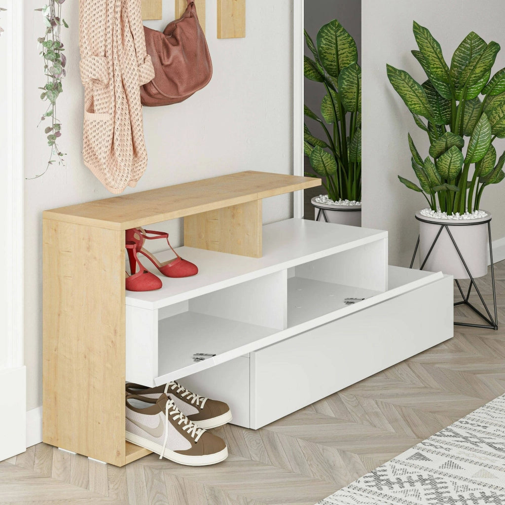 Mobile da ingresso Ascari, Entratina appendiabiti, Composizione per atrio, Consolle portaoggetti multifunzione, 137x35h55 cm, Bianco e Rovere