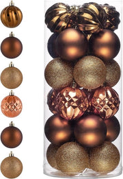 Set di palline di Natale da 24 pezzi 6 cm - Palline di Natale in plastica - Pacchetto con catenella - Decorazione di Natale con hanger - Decorazione del albero di Natale in bronzo - Tema bosco