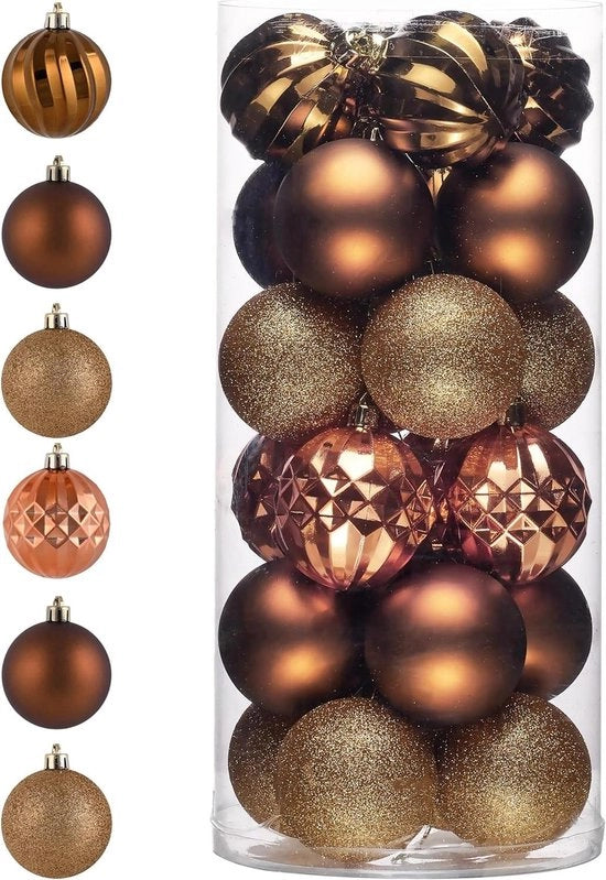Set di palline di Natale da 24 pezzi 6 cm - Palline di Natale in plastica - Pacchetto con catenella - Decorazione di Natale con hanger - Decorazione del albero di Natale in bronzo - Tema bosco