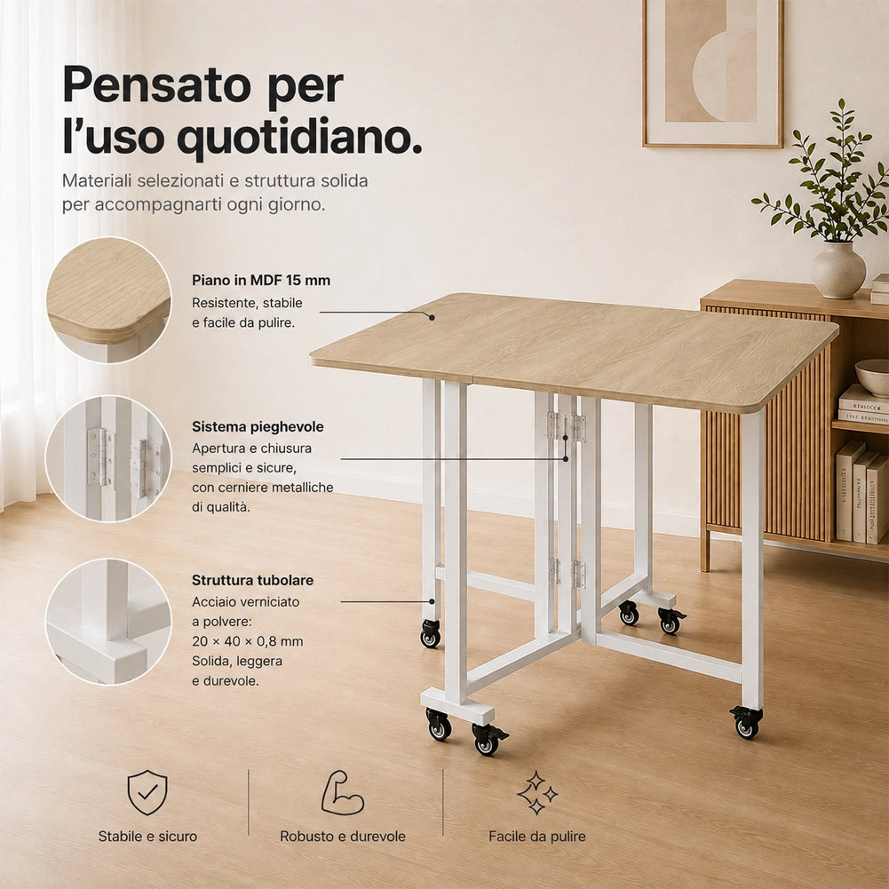 Tavolo Pieghevole da Pranzo Scrivania Multiuso con Ruote Quercia 120x80x75cm