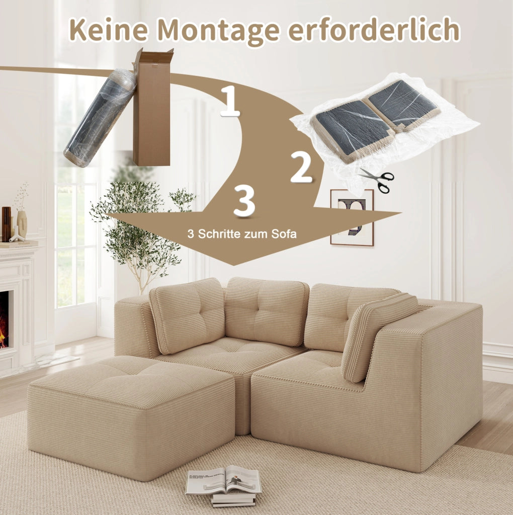 Divano angolare modulare in tessuto corduroy beige 208x177x69 cm; componibile
