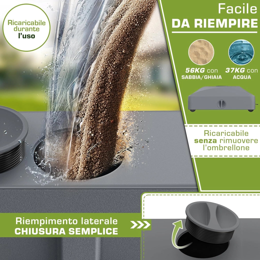 tillvex® Base per ombrellone GRAVIA e Ruote e Freni | Zavorra ombrellone riempibile 37L/56kg | Piedistallo per ombrelloni Giardino e Mercato Ø1,8-3,7m | Resistente a intemperie e UV (Antracite)