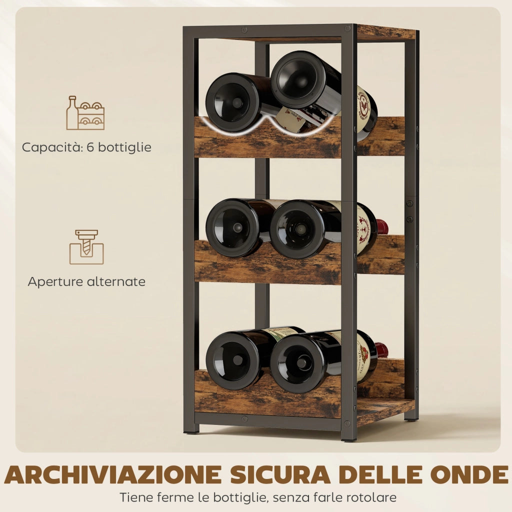 Portabottiglie 22x24x49,2 cm Scaffali Ondulati 6 Bottiglie Struttura in Metallo Marrone Rustico e Nero