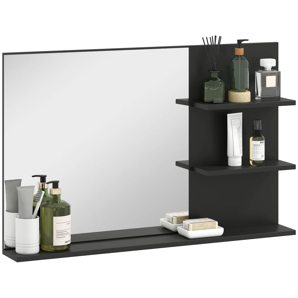 Specchio Bagno con Ripiani Laterali e Inferiore ¨C zephmum ¨C Legno Vetro Nero 75x10x48 cm