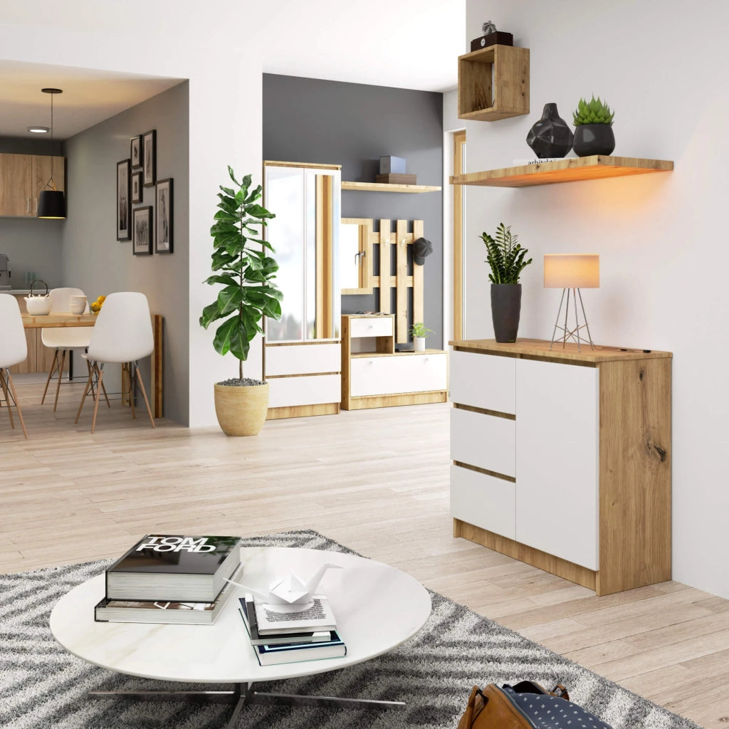 Cassettiera AKORD JERRY Cassettiera Quercia Artisan 80 cm 1 anta 3 cassetti inserto frontale Bianco 80x35x77 cm