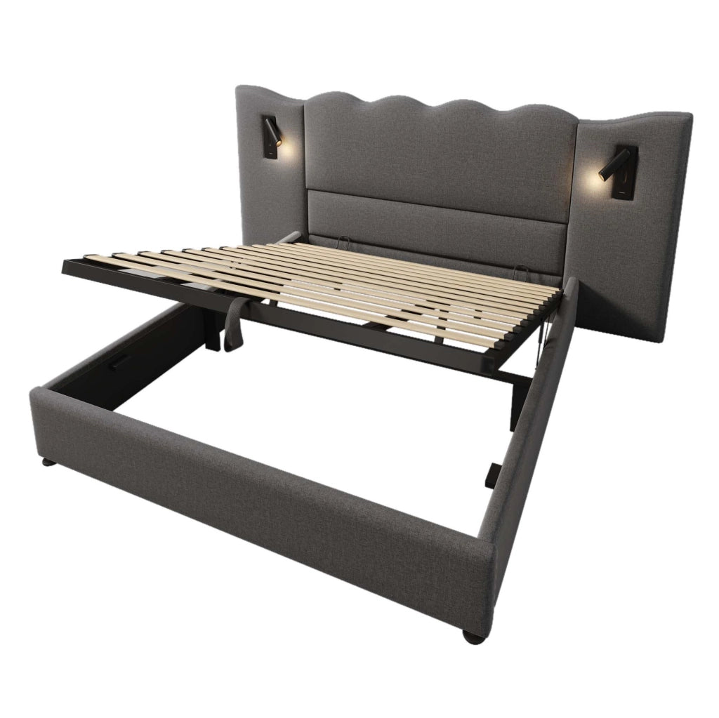 Letto imbottito 180x200 cm con contenitore e lampada da lettura in lino grigio