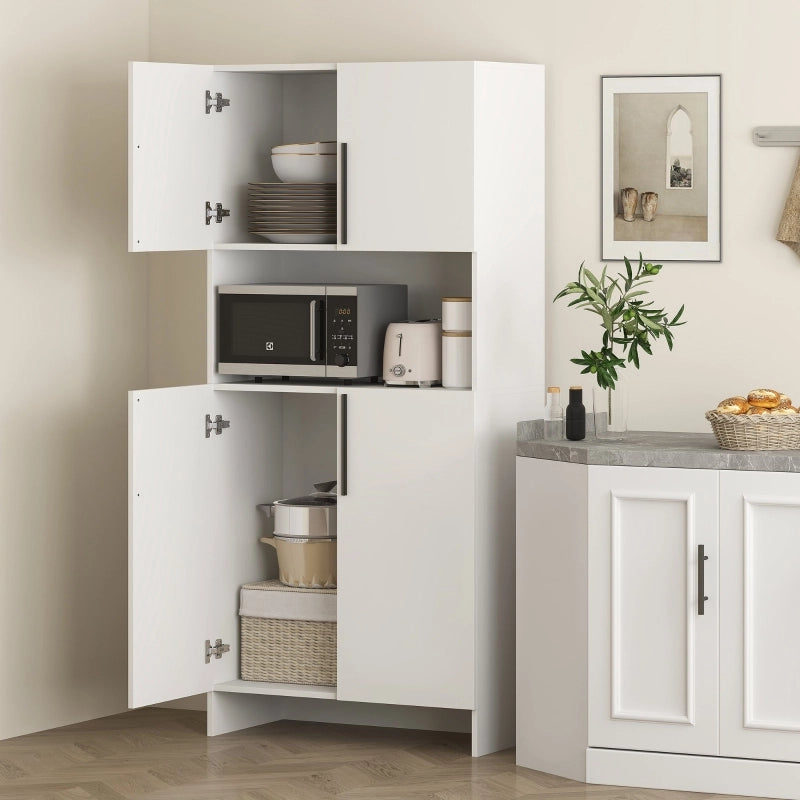 Credenza alta con 2 ante e piano d'appoggio per microonde, in legno, bianco, per cucina e soggiorno, 79 × 40 × 175 cm