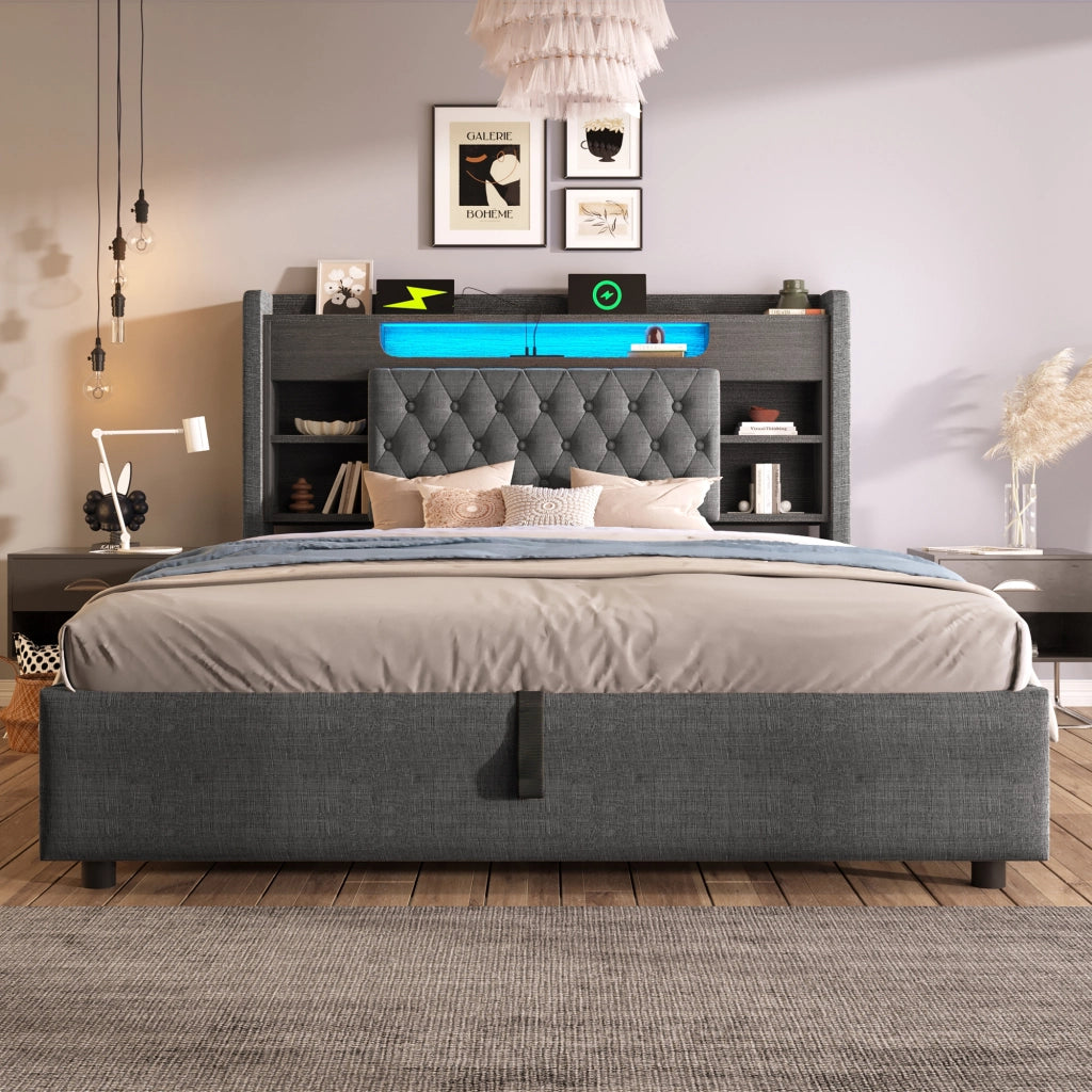 LETTO Contenitore 140x190 cm in lino grigio con LED e porte USB
