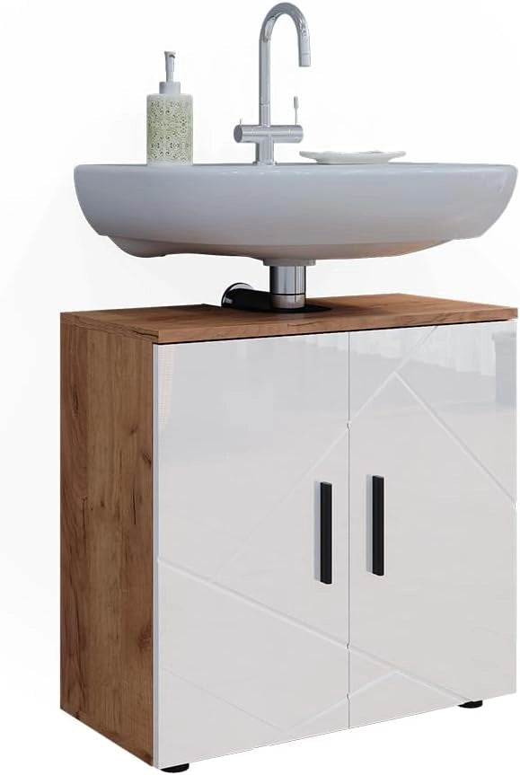 Mobile sottolavabo per bagno Irma, Bianco lucido/oro power oak, 60 x 59 cm, con ritaglio per sifone e ripiano interno per conservazione