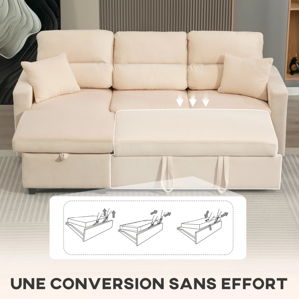 Divano letto angolare in velluto ¨C zephmum ¨C beige 205x135x76 cm