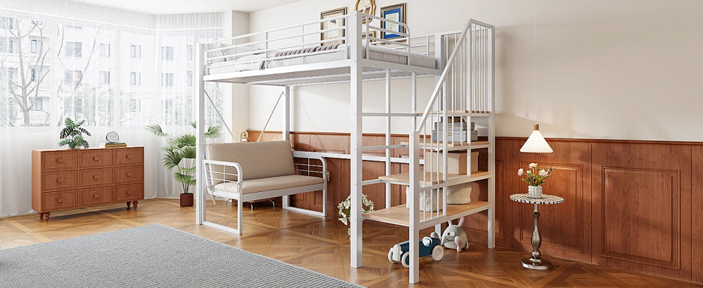 DESMIU Letto a castello 90 × 200 cm 3 posti con scala contenitore e divano imbottito, senza materasso, bianco
