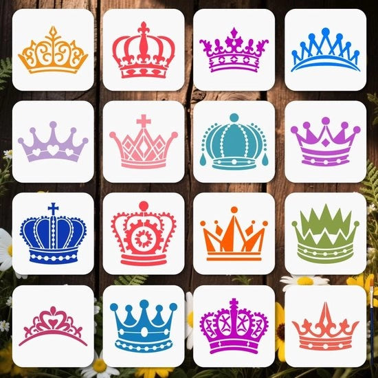 Kit di stencil reutilizzabile in plastica - 16 pezzi - 15×15 cm - Stili reali - Decorazione per legno/stoffa/muro - Incluso pennello per vernice - Stencil per pittura
