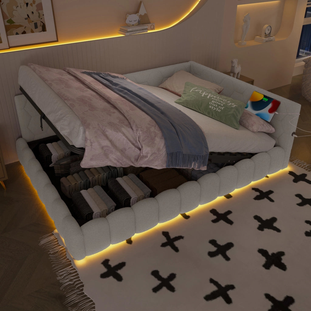 Daybed 140x200 cm con contenitore idraulico, LED, USB e Type-C, bianco