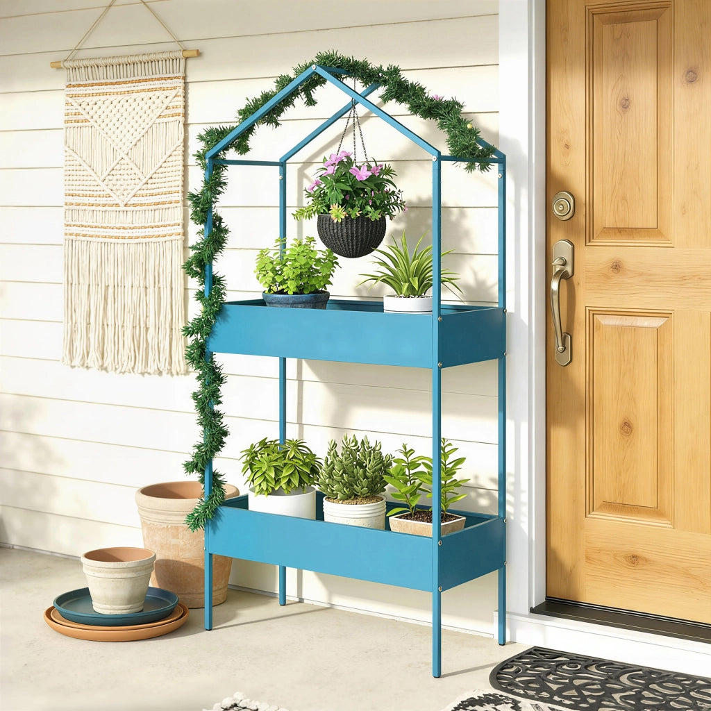 Portavasi a 2 Livelli 75x35x150 cm a Forma di Casetta con Gancio in Metallo Blu Verde